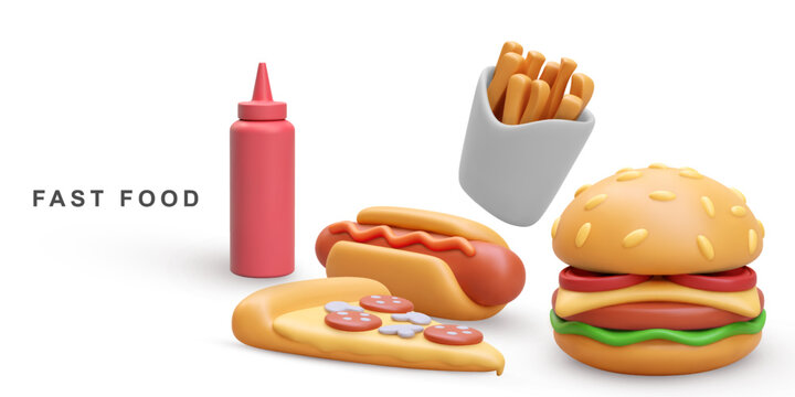3d realistic Hamburger, Pizza, Hot Dog, ketchup and fries potatoes on white background. Vector illustration.