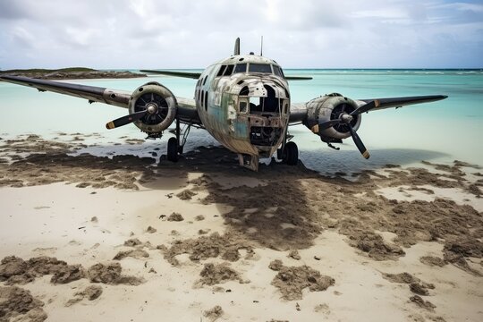 stock photo of Abandoned Aircraft in the beach