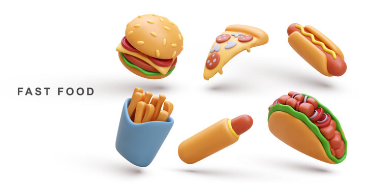 3d realistic set Hamburger, Pizza, Hot Dog, Taco and fries potatoes. Vector illustration.