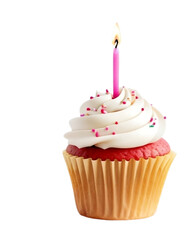 birthday cupcake with candle isolated on transparent background PNG,  ai generative image 