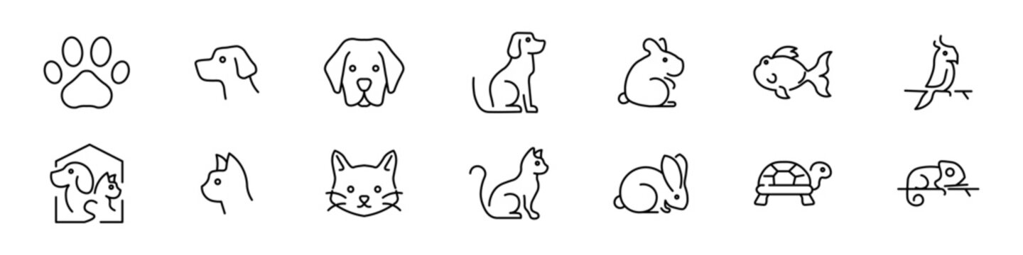 Pet icon set. Included the icons as dog, cat, animals, bird, fish, turtle, rebbit lizard, mouse.