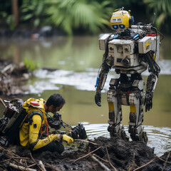 Obraz premium Ein Roboter hilft bei einer Rettungsaktion, Generative AI