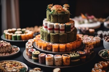 Huge tiered cake made of sushi rolls. Table and catering full of Asian Japanese food.