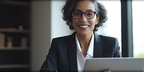 Smiling happy middle-aged BIPOC businesswoman executive CEO in a business suit using a computer to work with a client in an office setting -room for copy text, generative AI 