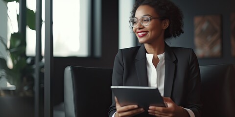 Obraz premium Smiling happy middle-aged BIPOC businesswoman executive CEO in a business suit using a computer to work with a client in an office setting -room for copy text, generative AI 