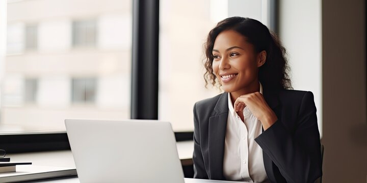 Smiling happy middle-aged BIPOC businesswoman executive CEO in a business suit using a computer to work with a client in an office setting -room for copy text, generative AI 