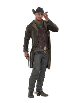Wild west gun fighter standing in old western outfit holding a revolver. Isolated 3D illustration.