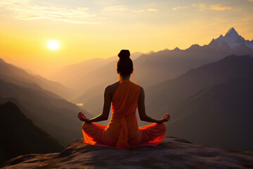 A serene yoga session in the backdrop of the Himalayas, Indian culture, Indian Generative AI - obrazy, fototapety, plakaty