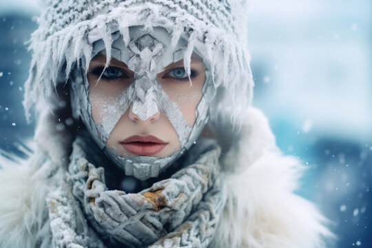 Close-up portrait of female ice warrior in the armor of a medieval knight covered with snow. Generative AI