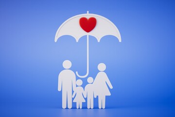 life insurance for the whole family. A family under an umbrella with a heart on a blue background. 3D render