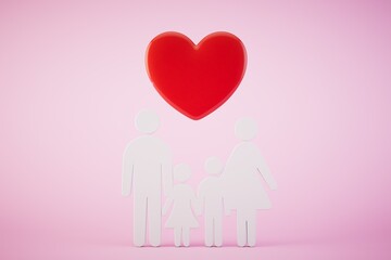 family health insurance. Silhouettes of the family and the heart above them on a pastel background. 3D render