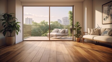 a living room with wood flooring and sliding glass door that leads to the balcony