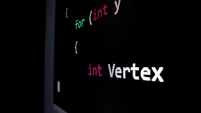 Closeup macro shot movement of coding script moving across LED screen with real-time AI-generated typing, showcasing advanced AI learning in optimization, debug and coding for software development.