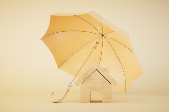 The concept of home insurance. An icon of the house and an umbrella above it on a pastel background. 3D render