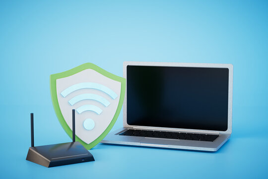 Wi-Fi password on a laptop. A router, a password protection icon, and a laptop on a blue background. 3D render