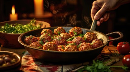Serving meatballs on the table full of traditional Greek food