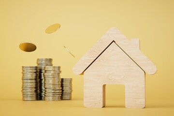 The concept of buying real estate. house and stacks of coins on a pastel background. 3D render