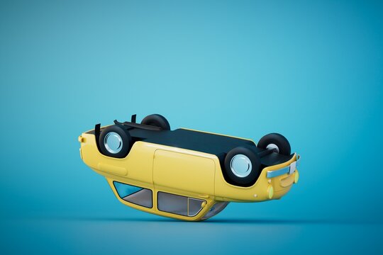 The concept of a car accident. Overturned car on a blue background. 3D render