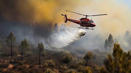 Fototapeta na wymiar fire in the forest, Eurocopter Firefighter, dropping water in a Forest Fire during Day in Povoa de Lanhoso, Portugal.