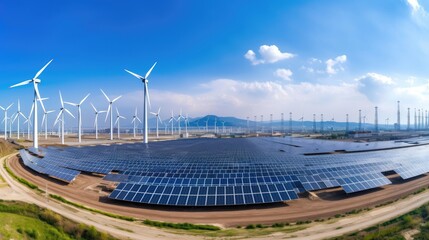 solar power plant, Panorama view of environmentally friendly installation of photovoltaic power plant and wind turbine farm situated by landfill.