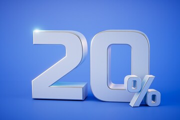 Good discounts on goods. The inscription is 20 percent on a blue background. 3D render