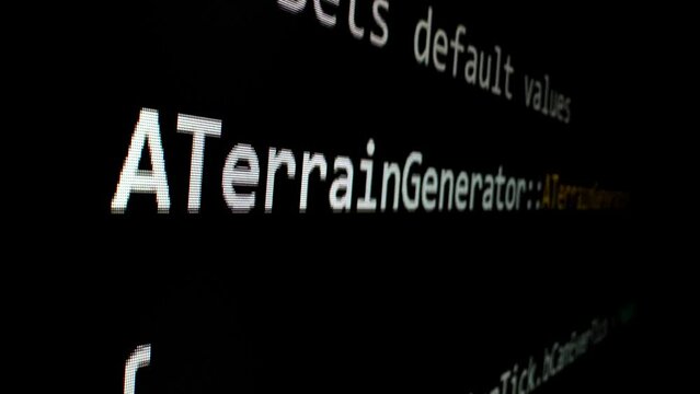 Closeup macro shot movement of coding script moving across LED screen with real-time AI-generated typing, showcasing advanced AI learning in optimization, debug and coding for software development.