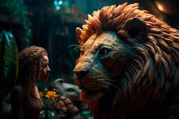 Fototapeta premium Huge wooden lion. Generative AI