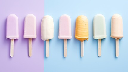 pink and white white chocolate ice cream on a stick pastel background