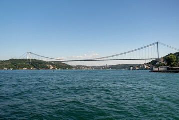 Fatih Sultan Mehmet Bridge and Turkish Flag on the Bosphorus. Istanbul, Turkey. (Fatih Korosu, Fatih Sultan Mehmet Köprüsü)