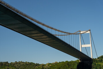 Fatih Sultan Mehmet Bridge and Turkish Flag on the Bosphorus. Istanbul, Turkey. (Fatih Korosu, Fatih Sultan Mehmet Köprüsü)