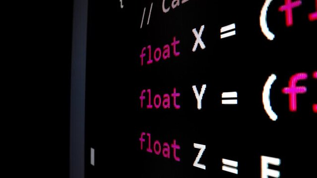 Closeup macro shot movement of coding script moving across LED screen with real-time AI-generated typing, showcasing advanced AI learning in optimization, debug and coding for software development.