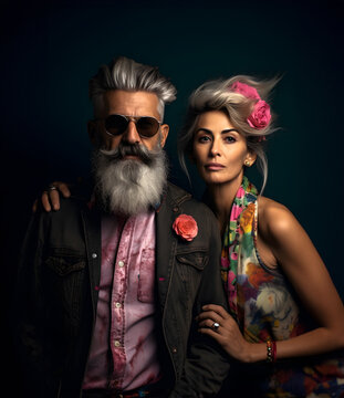 Creative fashion composition. Attractive couple elderly pensioners in wild vibrant clothings, stylish beard, rock and roll, tattoos, moustache
