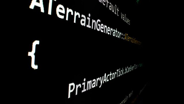 Closeup macro shot movement of coding script moving across LED screen with real-time AI-generated typing, showcasing advanced AI learning in optimization, debug and coding for software development.