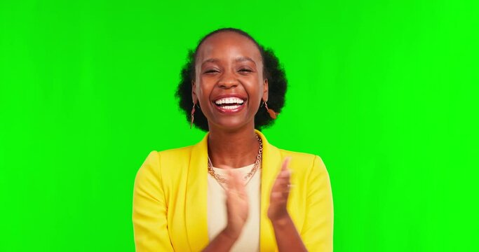 Black woman, applause and happy with success in studio with joy in green screen for teacher. Laughing face, clapping hands and winner with female person for celebration or good news with goal.