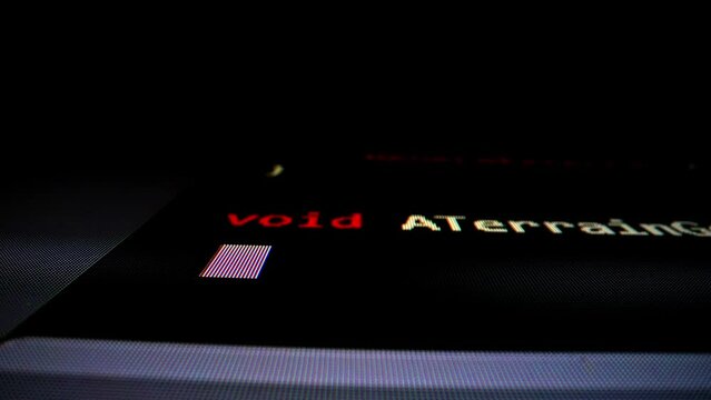 Closeup macro shot movement of coding script moving across LED screen with real-time AI-generated typing, showcasing advanced AI learning in optimization, debug and coding for software development.