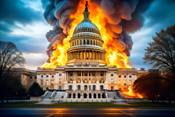 Generative AI image of US Capital on fire.