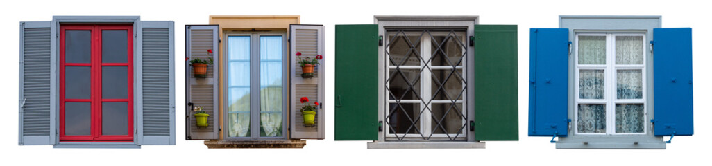 banner or traditional colorful windows with  shutters, europe, isolated, transparent background, png