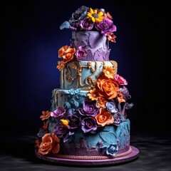 Colorful Flowers on multi-tiered Colorful wedding cake