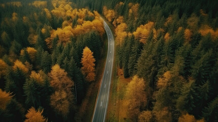 Road way in winter forest, top view