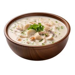 Seafood clam chowder topped with small pieces of vegetables in a wooden bowl on a transparent background