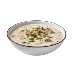 Seafood, clam chowder, garnished with small pieces of vegetables in a bowl, on a transparent background.