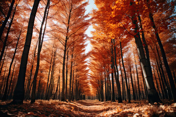 Low angle autumn red forest