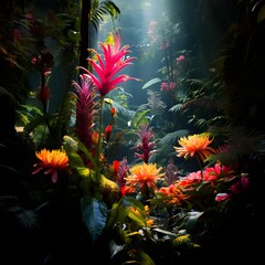 An ethereal composition capturing the interplay of flowers and the evening sky along the riverbank, as nature's colors blend harmoniously, creating a captivating scene in the fading light.