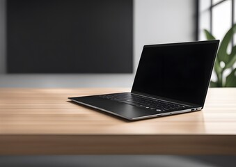 Black laptop on wooden table.