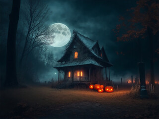 Halloween spooky background, scary pumpkins scene. Scary house in creepy forest with fog and lights. Happy Halloween theme. Digital painting illustration created with Generative AI technology.