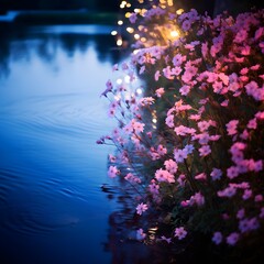 Fototapeta na wymiar An ethereal composition capturing the interplay of flowers and the evening sky along the riverbank, as nature's colors blend harmoniously, creating a captivating scene in the fading light.