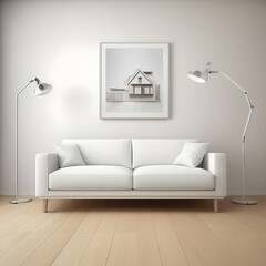 Minimal White Luxury Interior Design Sofa, Lamps and artwork, wooden flooring
