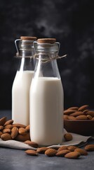 Vegan lactose free almond milk in glass bottle with almonds. 