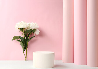 Stage for product display and business concept.Minimal modern aesthetic.Beautiful flower arrangement,Empty podium for product and fresh peony flowers,elegant beauty concept,