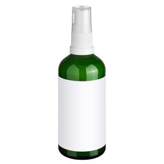 Apothecary green glass bottle for cosmetic product or medicine filled with liquid product. Container with white dispenser pump for sanitary application, with empty label. Isolated on white background